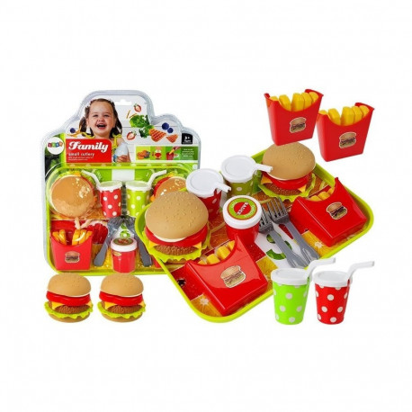 Fast food'i komplekt lastele, hamburgerid, friikartulid, joogid ja kandik
