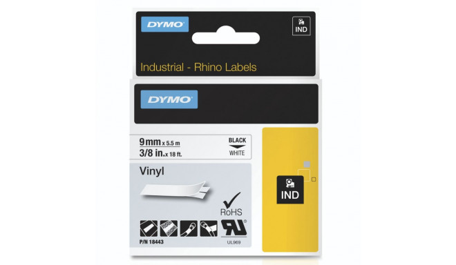Dymo Rhino Industrial vinyl tape 9 mm x 5.5 m, black on white background