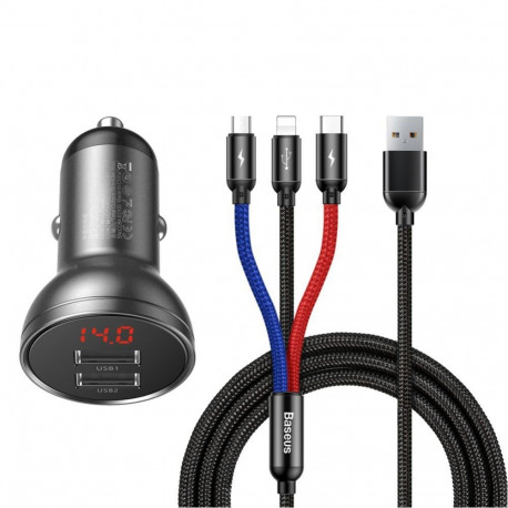 Baseus Baseus 2x USB 4.8A 24W car charger with LCD + 3in1 cable USB - USB Type C / micro USB / Light