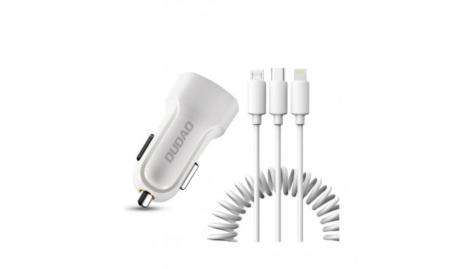 Dudao Dudao car kit charger 2x USB 2.4A + cable USB 3in1 Lightning / Type C / micro USB cable white 