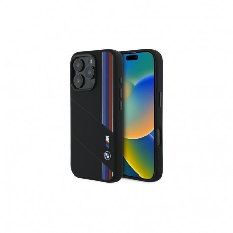 BMW BMW Silicone Cut Tricolor Lines MagSafe Case for iPhone 16 Pro Max - Black