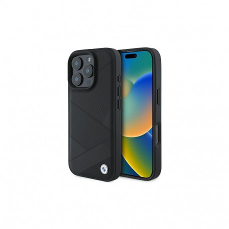 BMW BMW Signature Leather Crossing Lines Pattern iPhone 16 Pro Case - Black