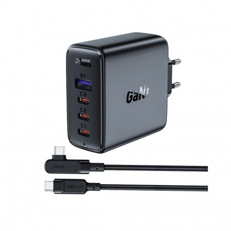 Acefast Acefast fast charger GaN 3xUSB-C/1xUSB-A 100W black + angled cable USB-C - USB-C 100W 2m bla