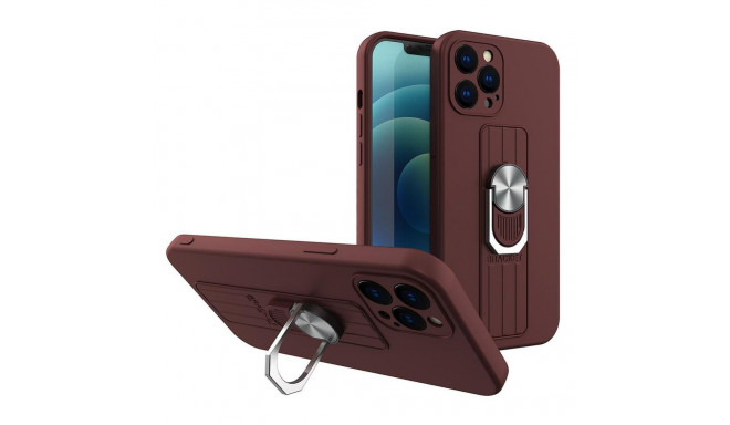 Hurtel Ring Case silicone case with finger grip and stand for iPhone 13 Pro brown