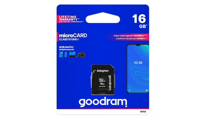 Goodram Goodram Microcard 16 GB micro SD HC UHS-I class 10 memory card, SD adapter (M1AA-0160R12)