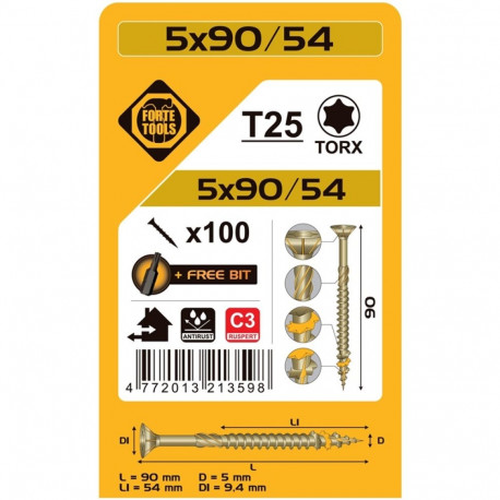 CHIPBOARD SCR T25 5.0X90/54 RSP(100)