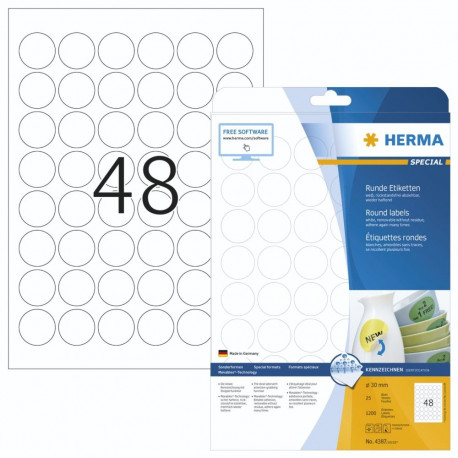 Herma Round Labels 30mm white 25 Sheets 1200 pcs.  4387