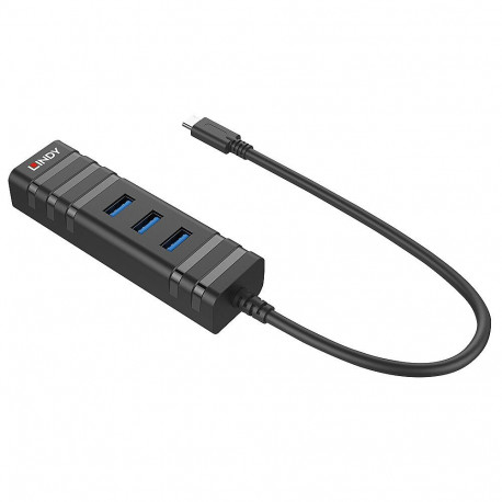 LINDY USB 3.2 Type C Hub, 3 Ports, Gigabit Ethernet, Black