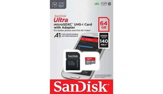 SanDisk memory card microSDXC 64GB Ultra Android 140MB/s A1 C10 UHS-I + adapter