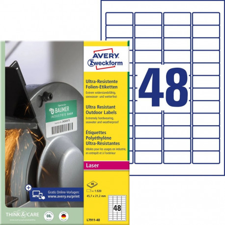Adhesive label AVERY Zweckform 45.7x21.2mm 40 sheets ultra durable (L7911-40)
