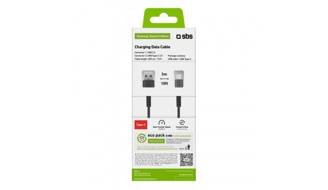 SBS SBS TECABLETC3MTK USB-A - USB-C Cable 3m - Black