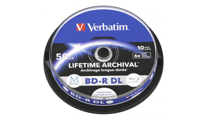 1x10 Verbatim M-Disc BD-R BluRay 50GB 6x kiirus Cakebox prinditav