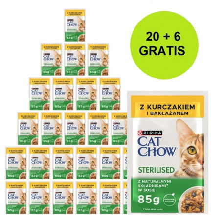 PURINA Cat Chow Sterilised kanaga ja baklažaaniga kastmes märg kassitoit 26x85g (20 + 6 TASUTA)
