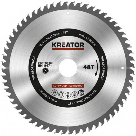 Saw blade for wood Ø216x30x2.2mm, 48 teeth Kreator