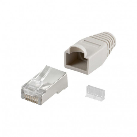 Goobay RJ45 pistik 68746, CAT 5e STP varjestatud, tõmbekaitsekattega, hall, ümarale kaablile kaablis