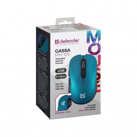 Wireless Mouse - Defender GASSA MM-105 1600 DPI 5 Buttons Silent Blue