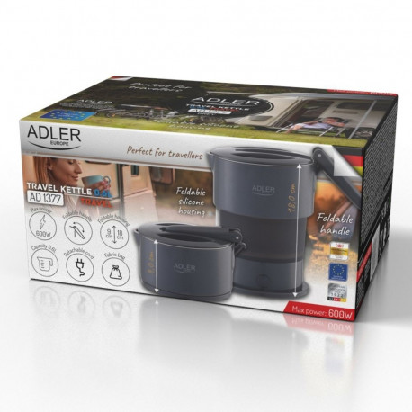 Electric Kettle - ADLER AD 1377g 0.6L 600W Foldable Auto Power-Off Grey Silicone