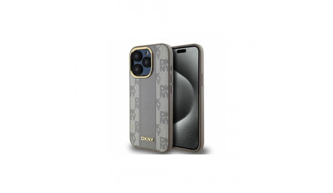 DKNY DKNY Leather Checkered Mono Pattern MagSafe iPhone 15 Pro Max Case - Beige
