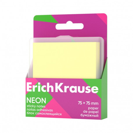Sticky notes ErichKrause Neon, 75х75 mm, 80 sheets, yellow (in plastic box)
