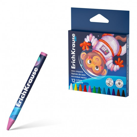 Wax crayons ErichKrause Kids Space Animals, triangular, 8 mm, 12 colors (in carton box with hanger 1
