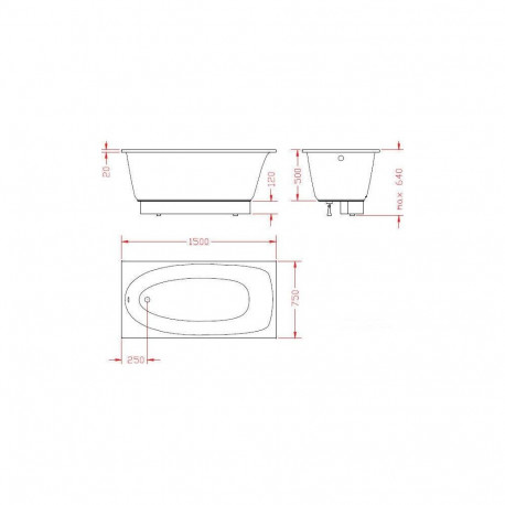 BATHTUB UNO 150X75 SMALL PANEL, DRAIN