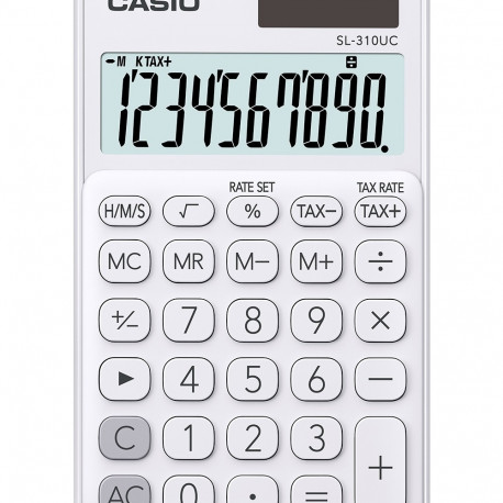Taskukalkulaator Casio SL-310UC White/valge - 10 kohaline, tava- ja päikesepatarei, 50gr, 8x70x118mm