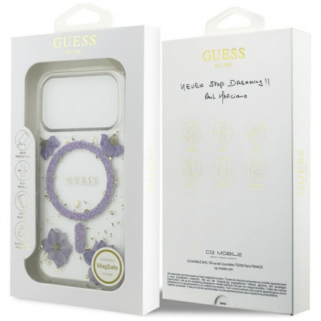 Case Guess Resin Flowers Glitter MagSafe for iPhone 17 Pro purple