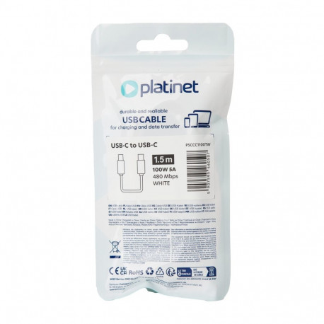 PLATINET CABLE USB-C TO USB-C 5A 100W 1,5M 480 MBPS TPE WHITE [46050]