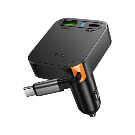 Car charger Hoco wit retractable cable 2 x USB C + USB A QC PD 65W NZ18 black