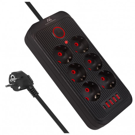 Maclean pikendusjuhe MCE389 B 6 pistikupesa + 4xUSB, 110-240V AC 50/60Hz, 2.1A max 2500W, 1,5m, must