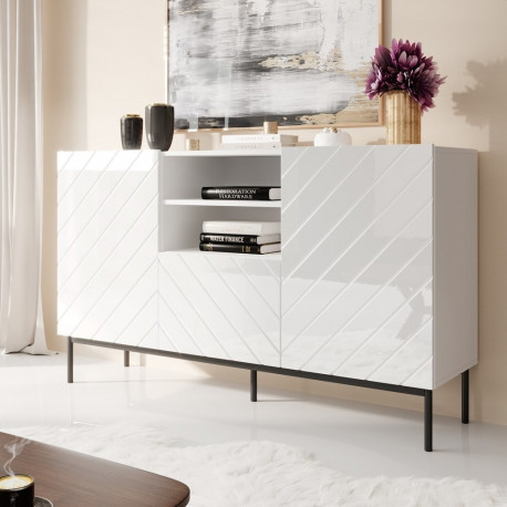 ABETO valge/valge läikiv kummut mustal terasraamil 150x42x90