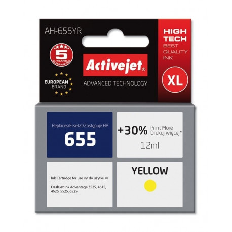 Activejet AH-655YR tindikassett (asendus HP 655 CZ112AE; premium; 12 ml; kollane)