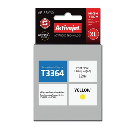 Activejet AE-33YNX tindikassett (asendus Epson 33XL T3364; Supreme; 12 ml; kollane)