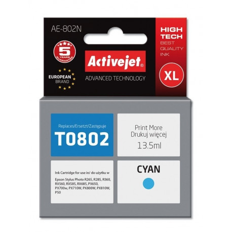 Activejet AE-802N tindikassett (asendus Epson T0802; Supreme; 13,5 ml; tsüaan)