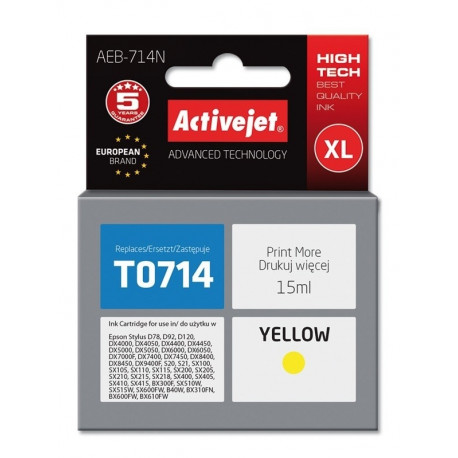 Activejet AEB-714N tindikassett (asendus Epson T0714, T0894, T1004; Supreme; 15 ml; kollane)