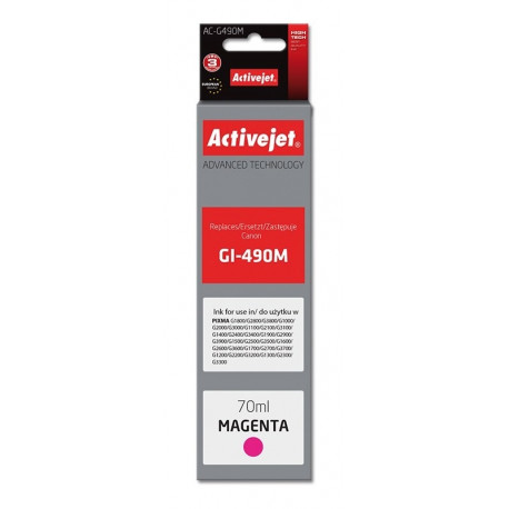 Activejet AC-G490M tindikassett (asendus Canon GI-490M; Supreme; 70 ml; 7000 lehte, magenta)