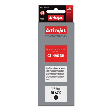 Activejet AC-G490Bk tint (asendus Canon GI-490BK; Supreme; 135 ml; 6000 lehekülge, must)