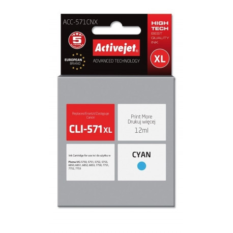 Activejet ACC-571CNX tindikassett (asendus Canon CLI-571XLC; Supreme; 12 ml; tsüaan)