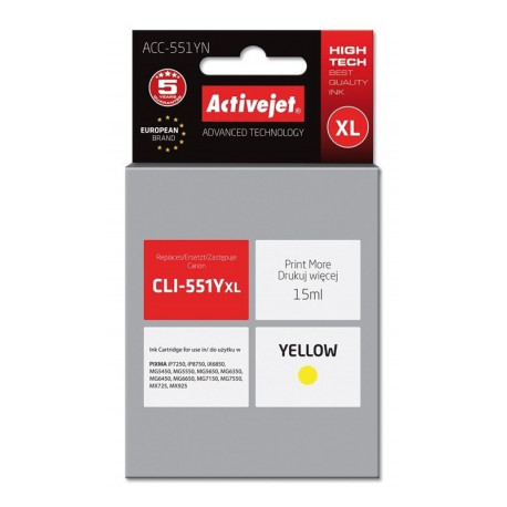 Activejet ACC-551YN tindikassett (asendus Canon CLI-551Y; Supreme; 15 ml; kollane)