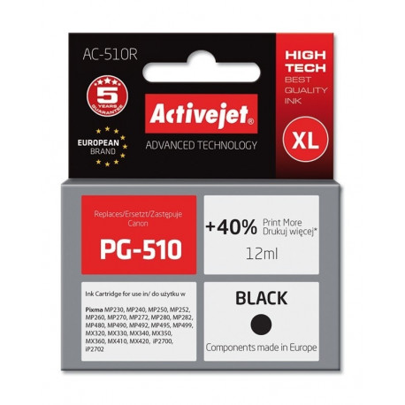 Activejet AC-510R tindikassett (asendus Canon PG-510; premium; 12 ml; must)