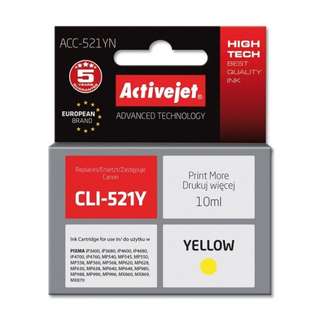 Activejet ACC-521YN tindikassett (asendus Canon CLI-521Y; Supreme; 10 ml; kollane)