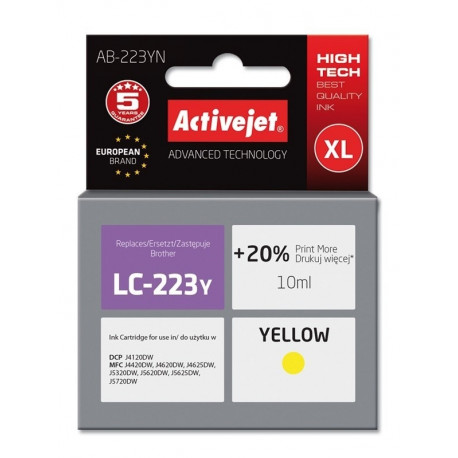 Activejet AB-223YN tindikassett (asendus Brother LC223Y; Supreme; 10 ml; kollane)