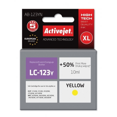 Activejet AB-123YN tindikassett (asendus Brother LC123Y/121Y; Supreme; 10 ml; kollane)