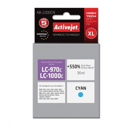 Activejet AB-1000CN Ink (replacement for Brother LC1000C/970C; Supreme; 36 ml; cyan). Prints 550% mo