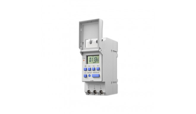 Electronic timer switch for DIN rail with batte