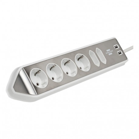 estilo Eck-Steckdosenleiste 6-fach (weiß/edelstahl, 2 Meter, 2x USB)