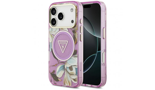 Guess IML Glitter Flowers Triangle MagSafe Case for iPhone 17 Pro Max - Purple