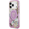 Guess IML Glitter Flowers Triangle MagSafe Case for iPhone 17 Pro Max - Purple