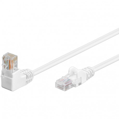 CAT 5e Network cable, 90° angled, U/UTP 1x 90° RJ45 plug (clip up-angled) / 1x straight white 1m