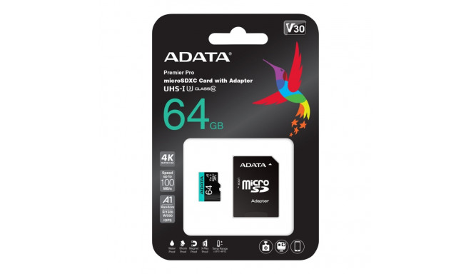 ADATA 64GB Micro SDXC UHS-I U3 V30S A2 + Adapter
